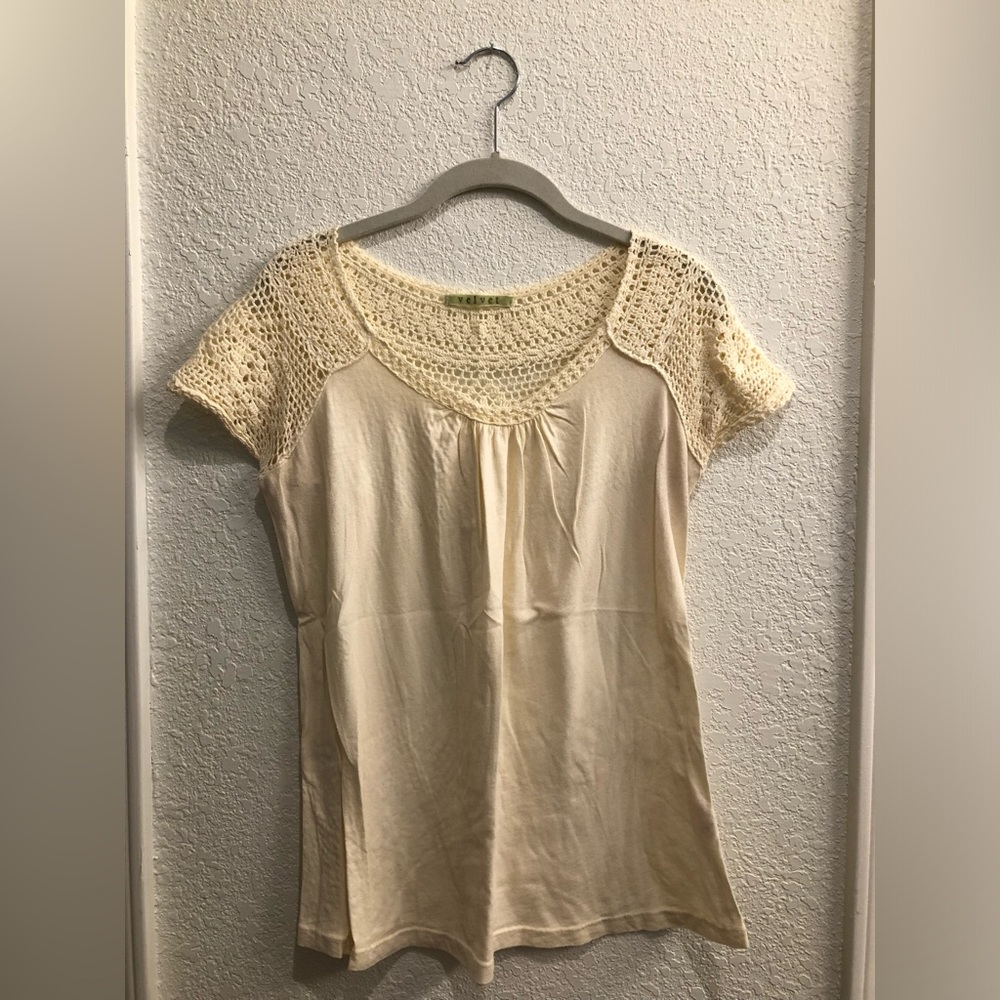 Anthropologie Velvet by Graham and Spencer Knit Top with Crochet Sleeves/Top